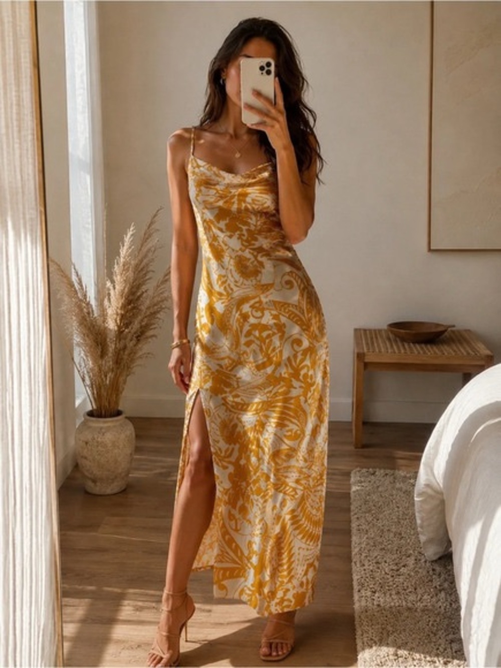 NWT House of Harlow 1960 Gold Paisley Satin Side Slit Dress Boho Feminine Boho